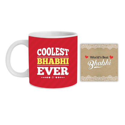 TheYayaCafe Rakhi Sweets Gift Combo for Bhabhi, Coolest Bhabhi Ever Hamper Set of 4 - Ceramic Mug, Coaster, Badam Patisa 1 Kg, Printed Rakhi, Raksha Bandhan Birthday Bhaidooj Gift for Sister-in-Law.