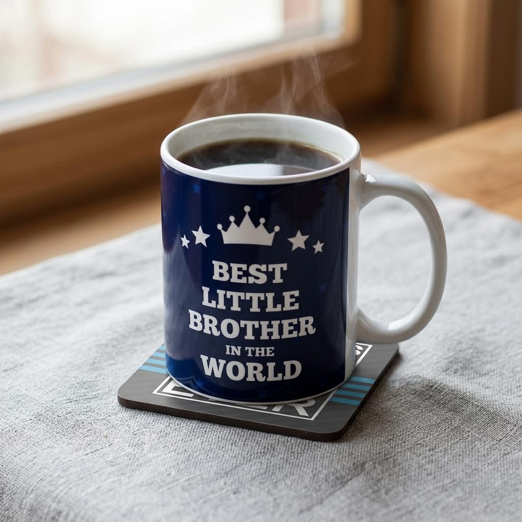 TheYayaCafe Best Little Brother in the World Quote Printed Ceramic Coffee Mug 330 ml (11 oz) with Coaster, Birthday Rakhi Bhai Dooj Gift for Brother, Bro, Bhai from Sister