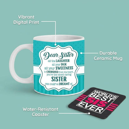 TheYaYaCafe Rakhi Gifts for Dear Sister Mug, Coaster Combo Birthday