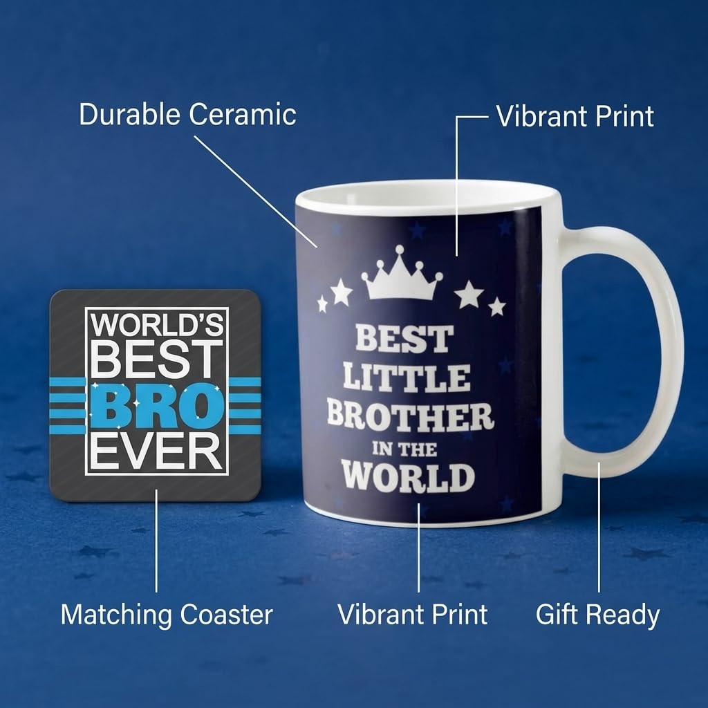 TheYayaCafe Best Little Brother in the World Quote Printed Ceramic Coffee Mug 330 ml (11 oz) with Coaster, Birthday Rakhi Bhai Dooj Gift for Brother, Bro, Bhai from Sister