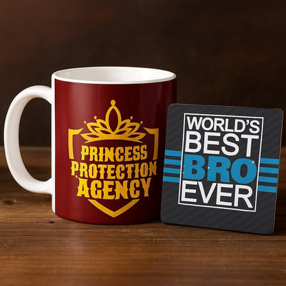 TheYayaCafe Rakhi Gift for Brother | Princess Protection Agency Mug Coaster Mousepad Keychain Rakhi Combo Set of 5 | Raksha Bandhan Bhai Dooj Birthday Gift for Bhai, Brother from Sister