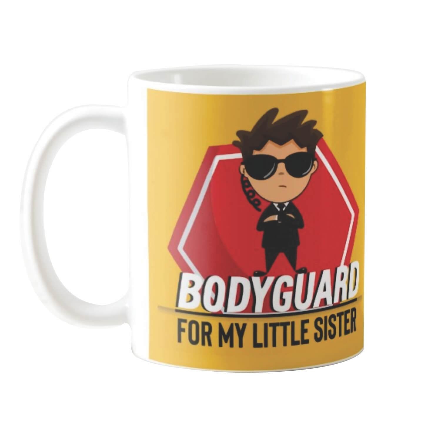 TheYayaCafe Ceramic Coffee Mug and Coaster Combo 'Bodyguard for My Little Sister' 11oz (330ml), Birthday Raksha Bandhan Bhai Dooj Gift for Sister, Behan, Didi from Brother