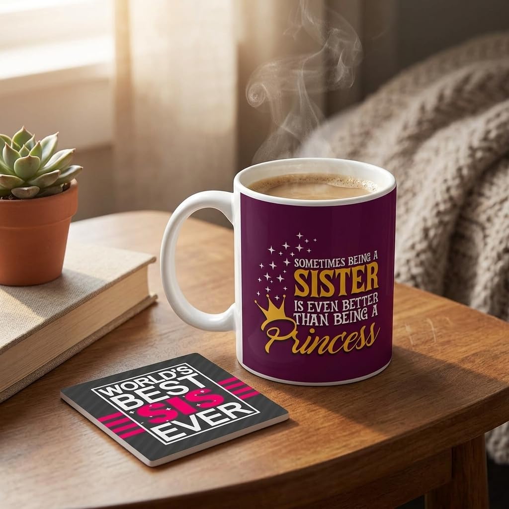 TheYayaCafe Rakhi Gifts for Naughty Lil Sister Ceramic Mug and Coaster Combo (11oz, 330ml), Raksha Bandhan Birthday Bhai Dooj Gift for Sister