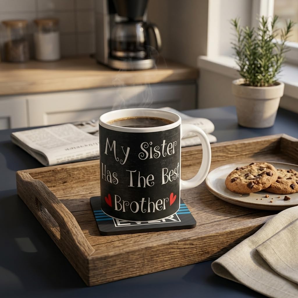 TheYayaCafe Brother Printed Ceramic Coffee Mug My Sister Has The Best Brother Quote 330 ml (11 oz) with Coaster, Bro, Bhai from Sister