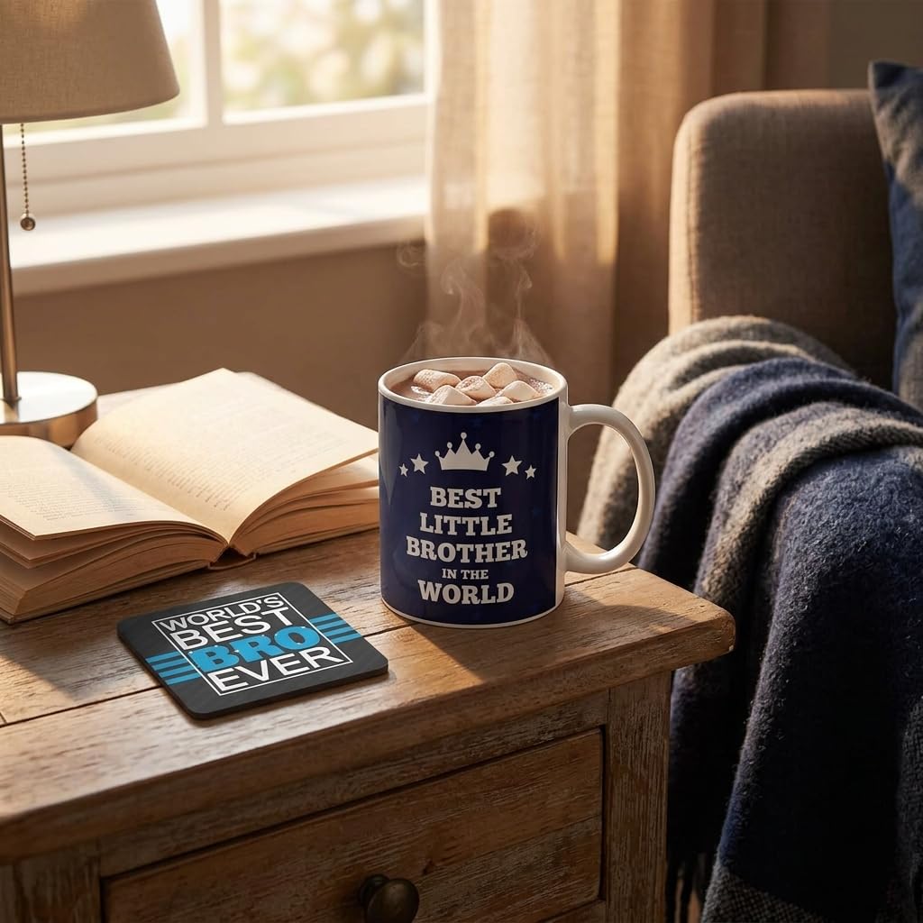 TheYayaCafe Best Little Brother in the World Quote Printed Ceramic Coffee Mug 330 ml (11 oz) with Coaster, Birthday Rakhi Bhai Dooj Gift for Brother, Bro, Bhai from Sister