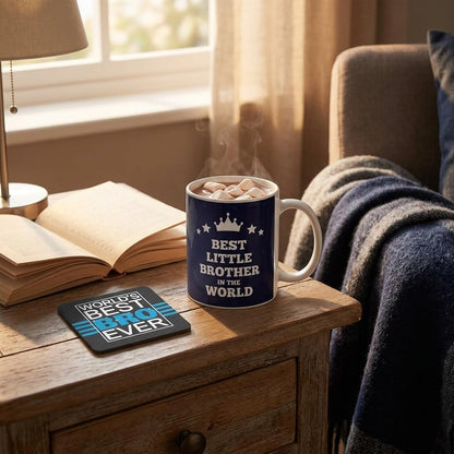 TheYayaCafe Best Little Brother in the World Quote Printed Ceramic Coffee Mug 330 ml (11 oz) with Coaster, Birthday Rakhi Bhai Dooj Gift for Brother, Bro, Bhai from Sister