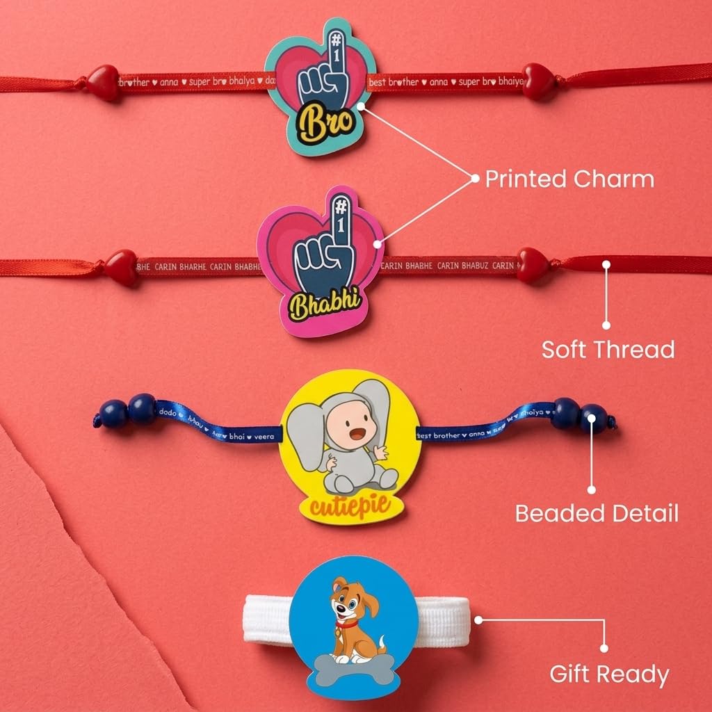 No.1 Bro & No.1 Bhabhi Family Rakhi with Kids Rakhi - Blue Ribbon Combo of 3