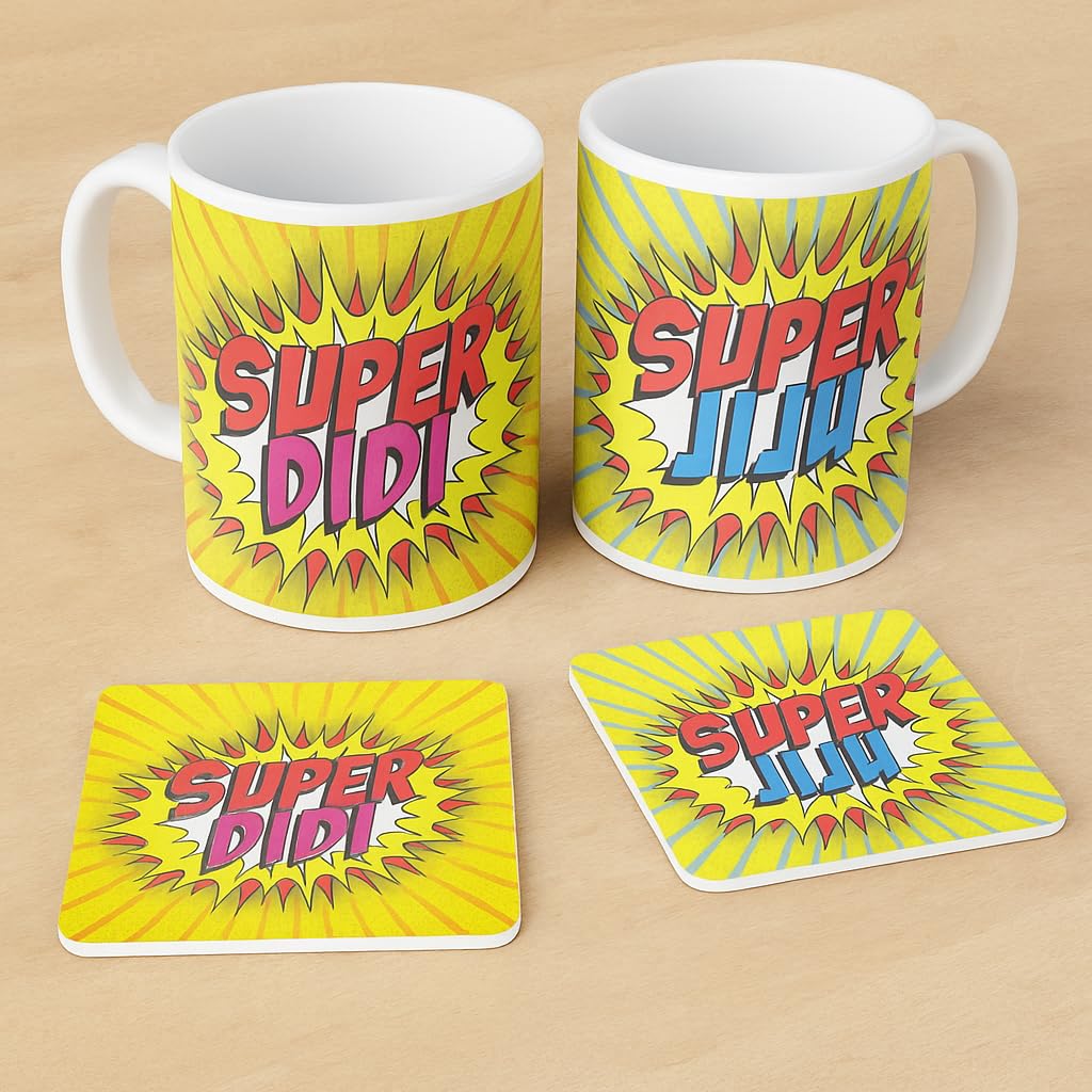 TheYaYaCafe® Rakhi Gift for Didi Jiju | Super Didi Jiju Combo | Set of 6 with 2 Coffee Mugs, 2 Cushion Covers & 2 Coasters | Rakhi Gift Hamper for Sister and Brother-in-Law