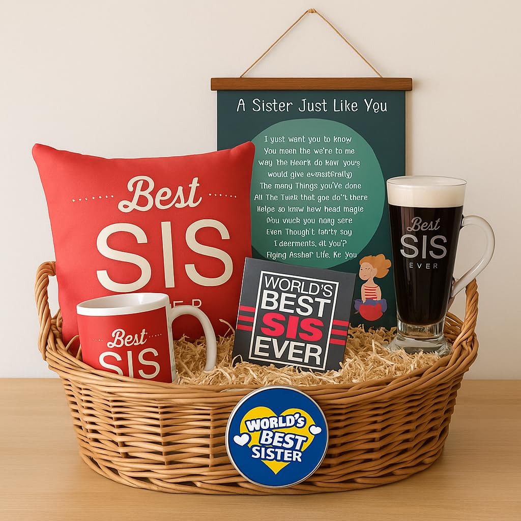TheYayaCafe Rakhi Gift Hamper for Sister Best Sis Ever, Set of 6 with Mug Cup Coaster Magnet Scroll Cushion Cover, Raksha Bandhan Birthday Bhaidooj Gift for Sister from Brother and Family