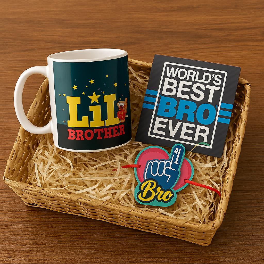 TheYaYaCafe Rakshabandhan Gift Combo for Brother, Set of 3 Little Brother Rakhi Gift with Mug Coaster and Rakhi