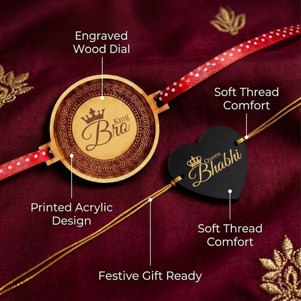King Bro & Queen Bhabhi Wooden Rakhi Combo Pack of 2