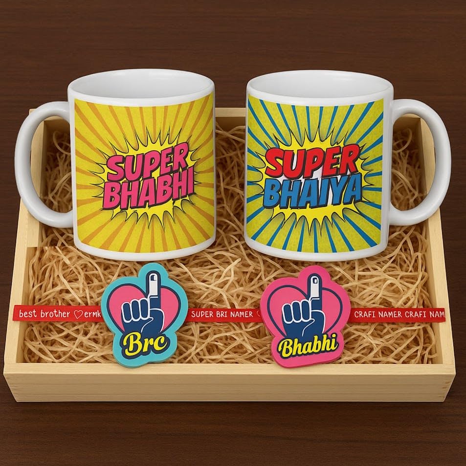 TheYayaCafe Rakhi Gifts for Bhaiya Bhabhi Combo Set of 4 with 2 Printed Coffee Mugs and 2 Designer Rakhis, Raksha Bandhan Hamper for Brother and Sister-in-Law