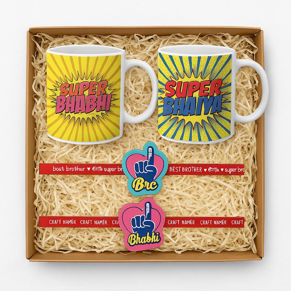 TheYayaCafe Rakhi Gifts for Bhaiya Bhabhi Combo Set of 4 with 2 Printed Coffee Mugs and 2 Designer Rakhis, Raksha Bandhan Hamper for Brother and Sister-in-Law