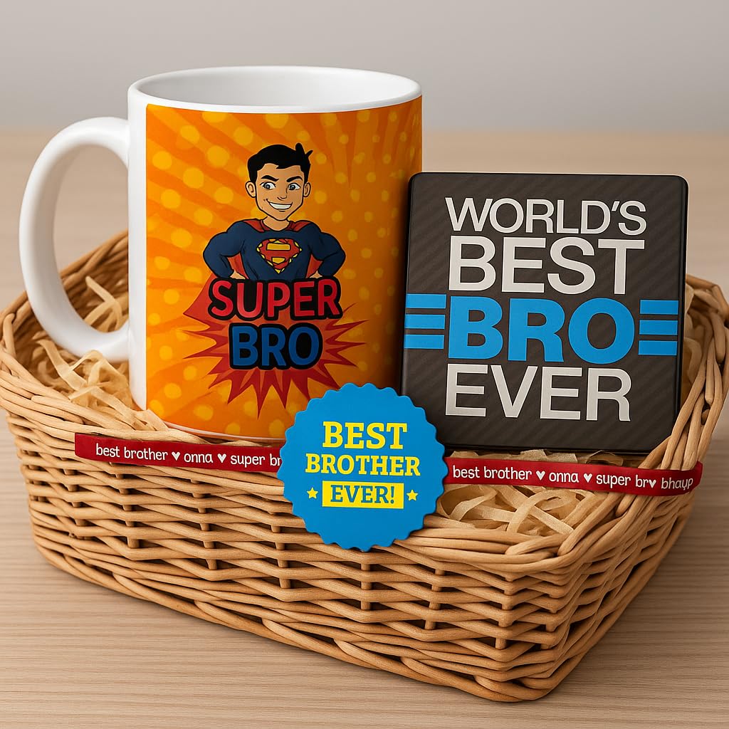 TheYayaCafe Rakhi Gift for Brother Super Bro Combo Set of 3 (Ceramic Mug, Coaster & Rakhi), Brother, Bhai Dooj, Birthday