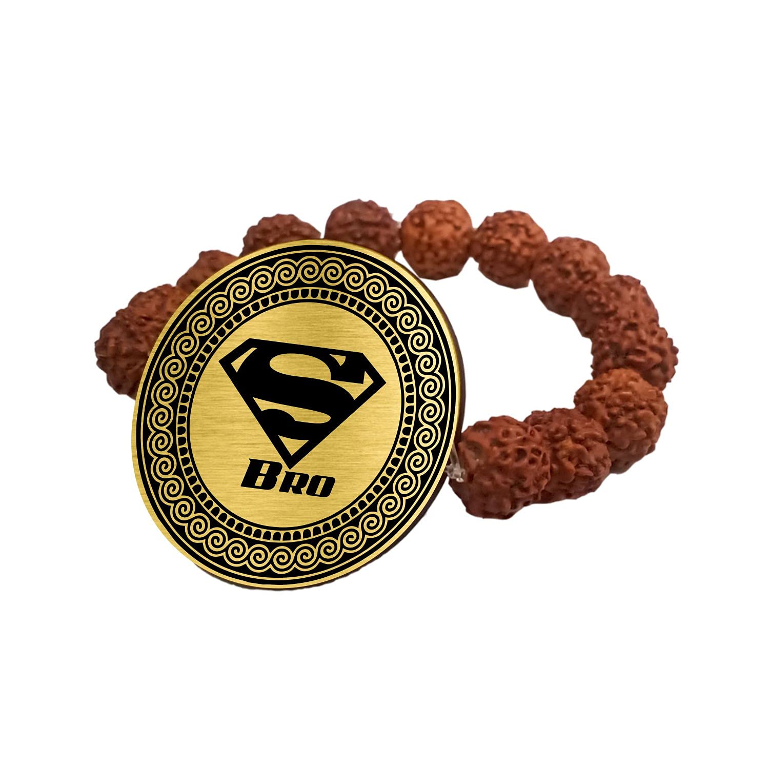 TheYayaCafe Men's Rudraksha Bracelet Rakhi Super Bro Engraved Golden Dial 1.5 Inch, Raksha Bandhan Bhai Dooj Gift for Brother Bhai from Sister, Rakhi for Big Young Brothers