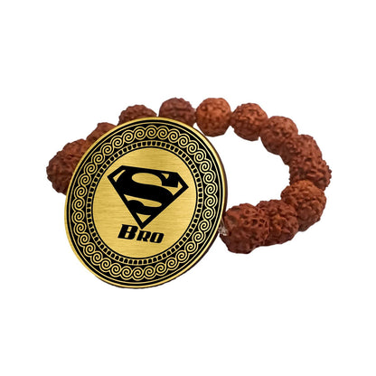 TheYayaCafe Men's Rudraksha Bracelet Rakhi Super Bro Engraved Golden Dial 1.5 Inch, Raksha Bandhan Bhai Dooj Gift for Brother Bhai from Sister, Rakhi for Big Young Brothers