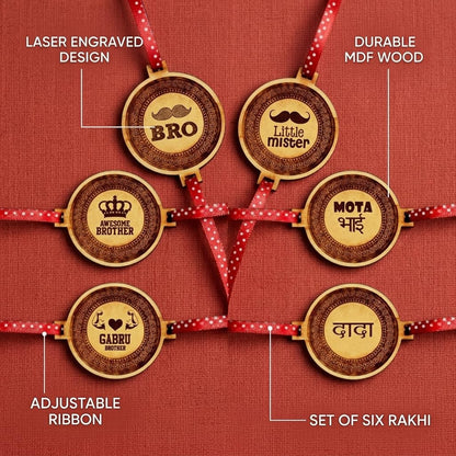 TheYaYaCafe Engraved Wooden Rakhi Set of 6 for Brother Mister Awesome Gabru Mota Bhai, Raksha Bandhan Gift for Bhai, Bro, Brothers from Sister, Rakhi for Kids and Adults