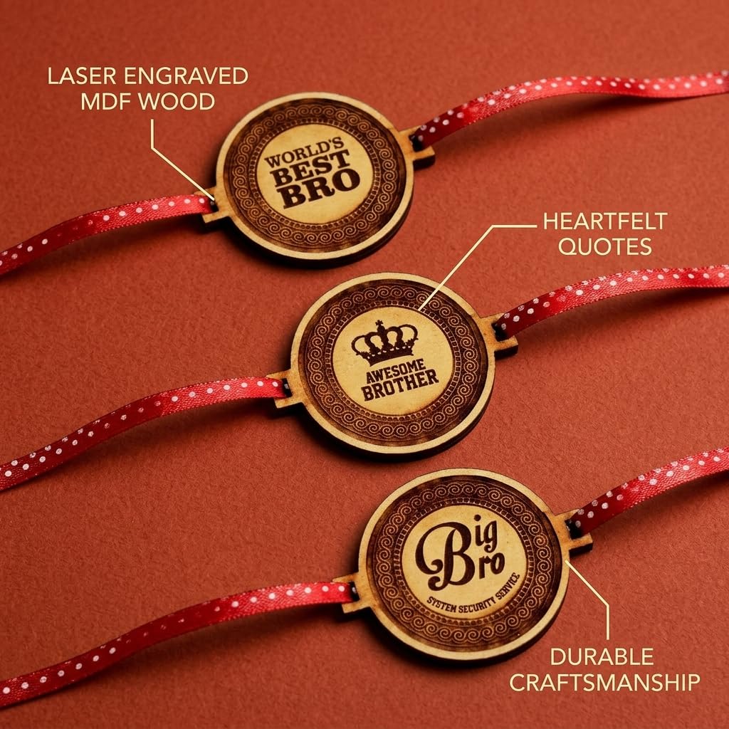 TheYayaCafe Wooden Rakhi for Brother Combo Set of 3 Laser Engraved MDF Rakhi with Quotes, Raksha Bandhan Gift for Bhai, Bhaiya, Bro from Sister, 1.5 Inch Dial