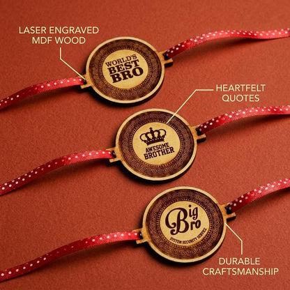 TheYayaCafe Wooden Rakhi for Brother Combo Set of 3 Laser Engraved MDF Rakhi with Quotes, Raksha Bandhan Gift for Bhai, Bhaiya, Bro from Sister, 1.5 Inch Dial