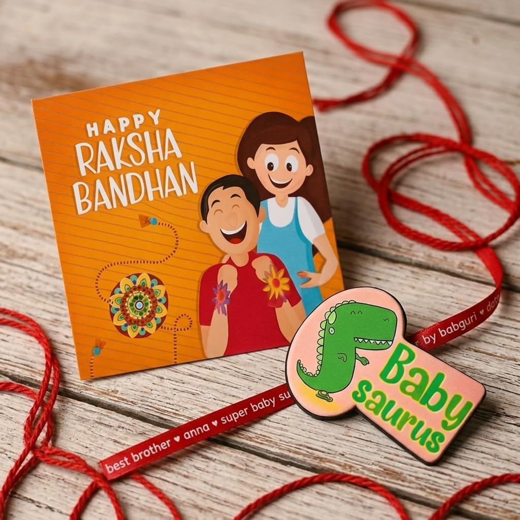 TheYayaCafe Baby Saurus Kids Rakhi Gift Hamper with Apron, Mug, Rakhi and 5 Chocolates, Raksha Bandhan Gift for Kid Brother, Toddler, Baby Boy from Sister