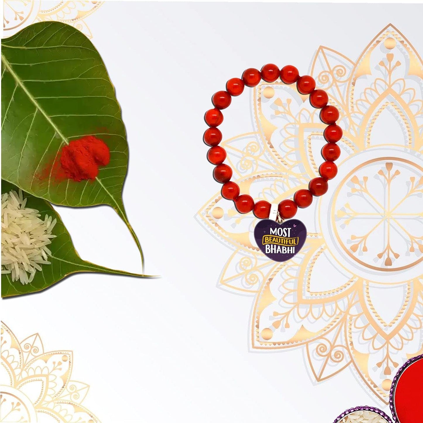 TheYayaCafe Printed Lumba Rakhi Bracelet for Bhabhi Sister-in-law, Raksha Bandhan Gift with Roli Chawal Puja Pack, Adjustable Beaded Bracelet for Rakhi, Bhai Dooj, from Brother and Sister