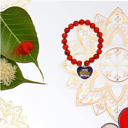 TheYayaCafe Printed Lumba Rakhi Bracelet for Bhabhi Sister-in-law, Raksha Bandhan Gift with Roli Chawal Puja Pack, Adjustable Beaded Bracelet for Rakhi, Bhai Dooj, from Brother and Sister