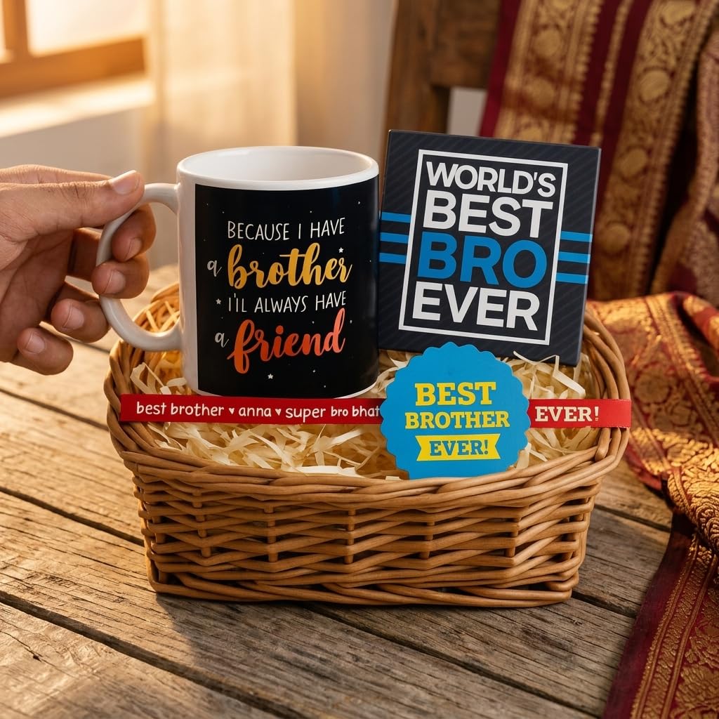 TheYayaCafe Rakhi Gift Combo for Brother Because I Have a Brother I Will Always Have a Friend, Set of 3 Ceramic Mug, Coaster and Rakhi for Raksha Bandhan, Bhai Dooj.
