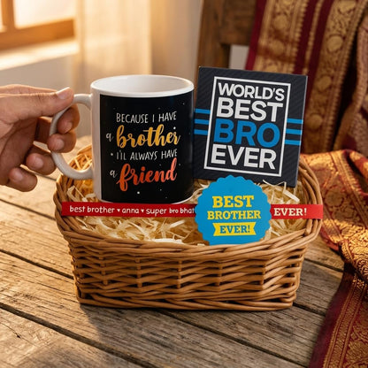 TheYayaCafe Rakhi Gift Combo for Brother Because I Have a Brother I Will Always Have a Friend, Set of 3 Ceramic Mug, Coaster and Rakhi for Raksha Bandhan, Bhai Dooj.