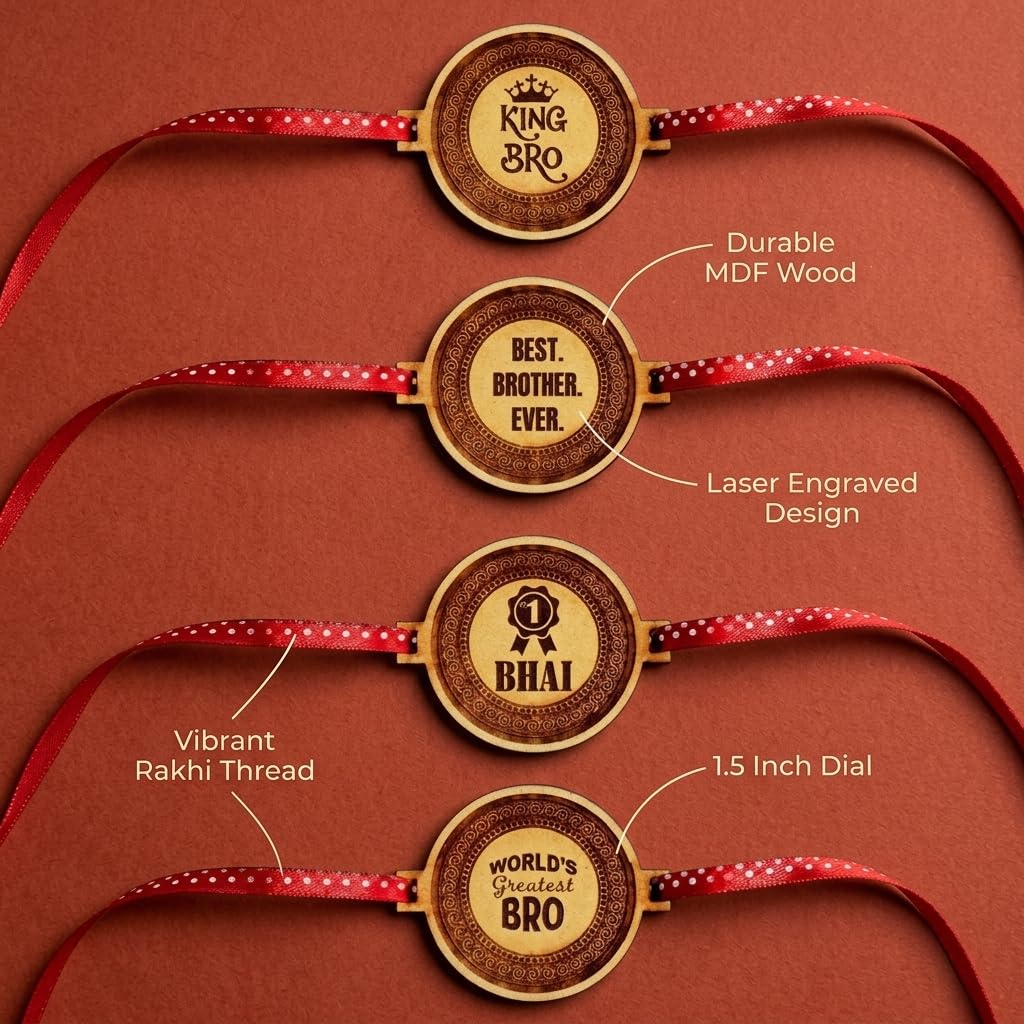 TheYaYaCafe Rakhi for Brother Set of 4 Engraved Wooden Rakhi with MDF Dial 1.5 Inches, Raksha Bandhan Gift for Bhai, Brother, Bro from Sister, Didi, Behen