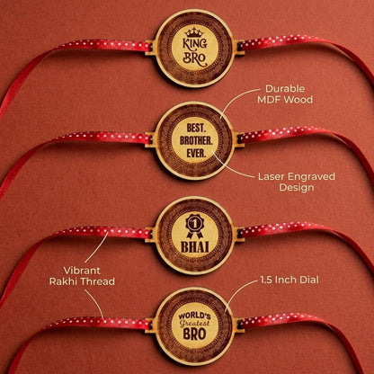 TheYaYaCafe Rakhi for Brother Set of 4 Engraved Wooden Rakhi with MDF Dial 1.5 Inches, Raksha Bandhan Gift for Bhai, Brother, Bro from Sister, Didi, Behen