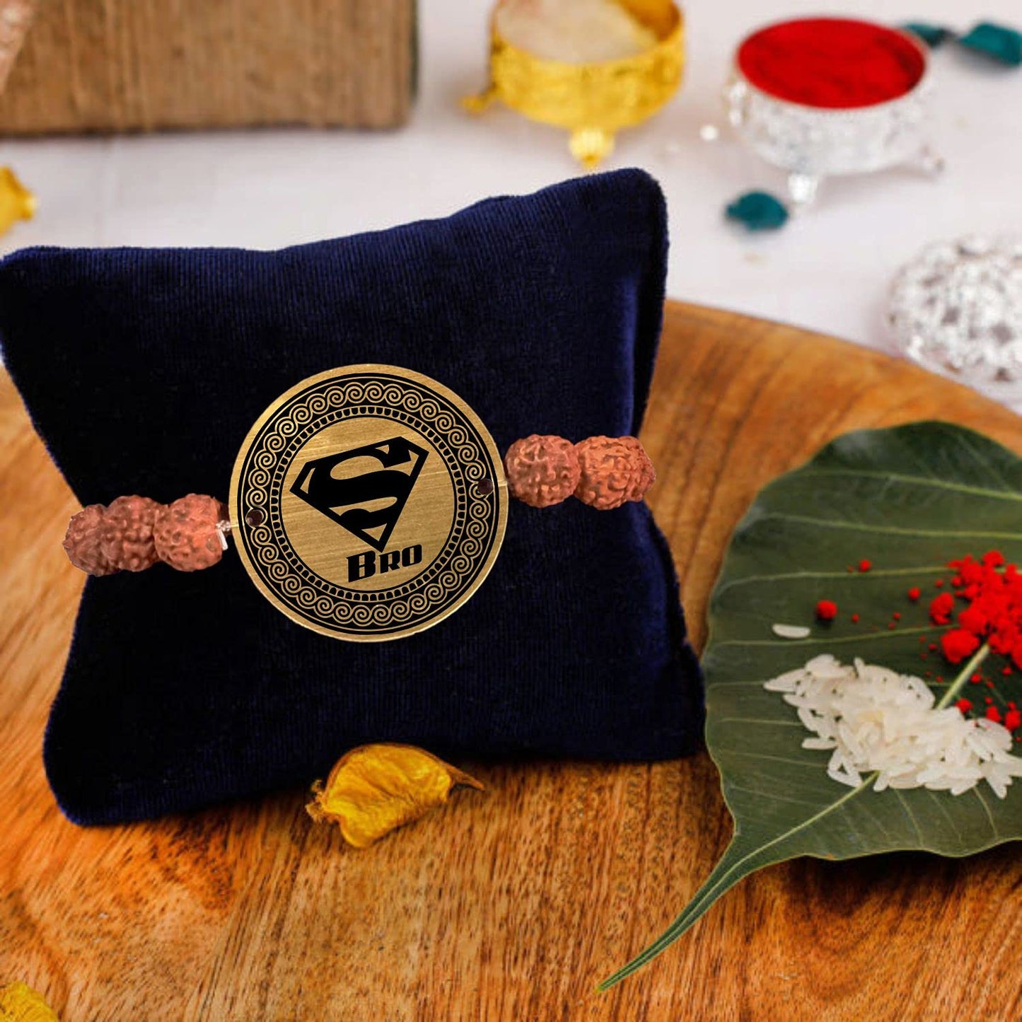 TheYayaCafe Men's Rudraksha Bracelet Rakhi Super Bro Engraved Golden Dial 1.5 Inch, Raksha Bandhan Bhai Dooj Gift for Brother Bhai from Sister, Rakhi for Big Young Brothers