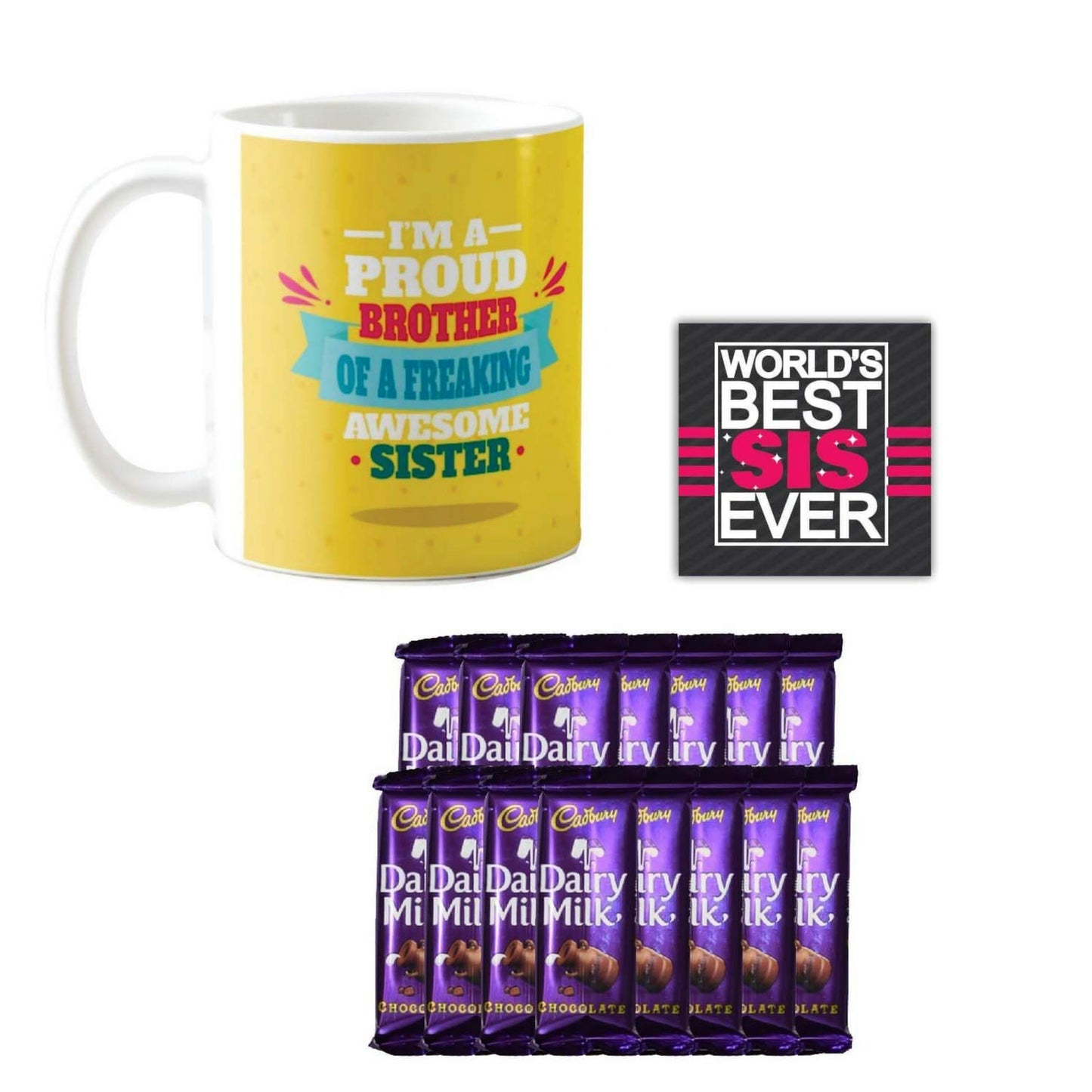 TheYayaCafe Rakhi Gift Combo for Sister with Printed Ceramic Coffee Mug, Coaster and 5 Chocolates, Proud Brother of Freaking Awesome Sister Design
