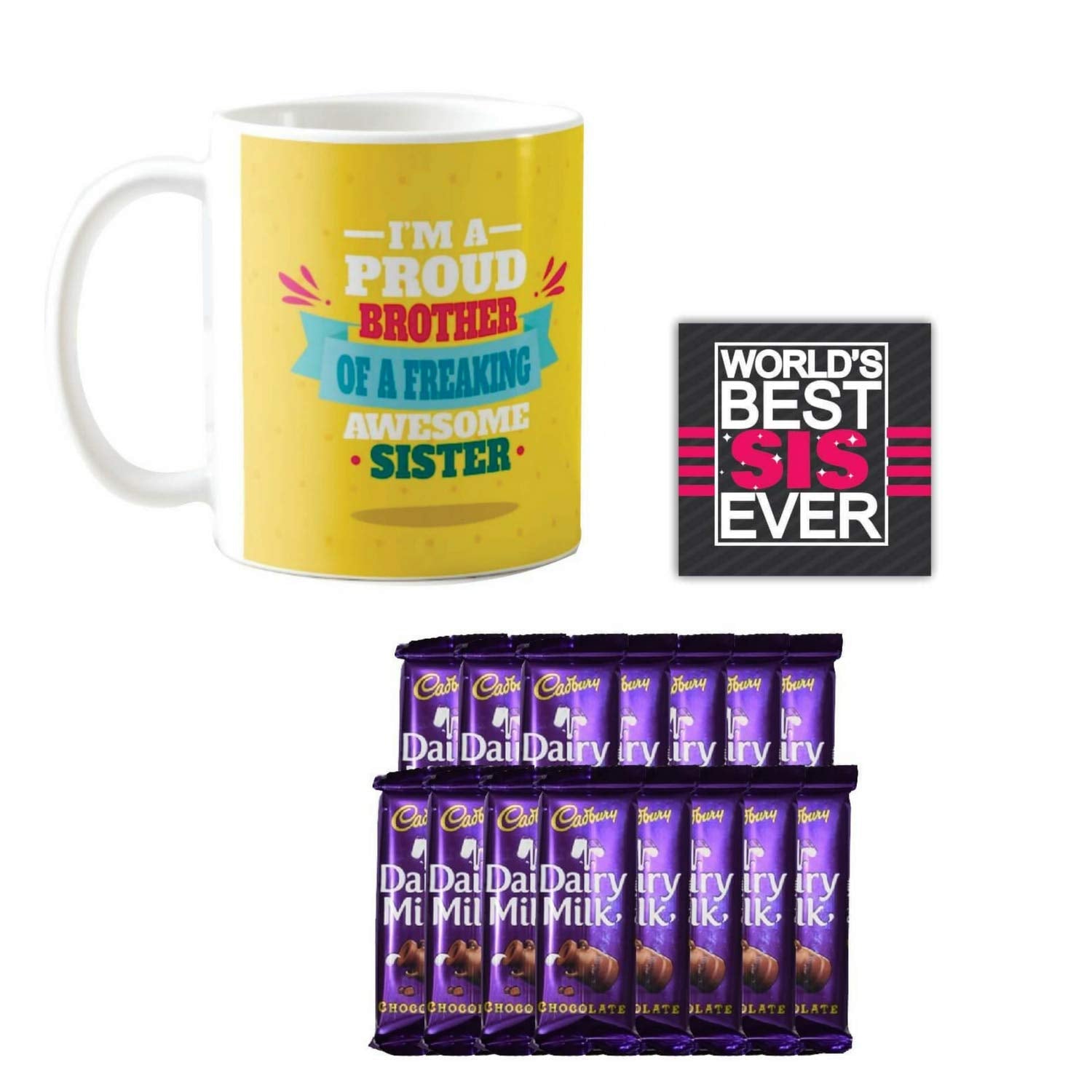 TheYayaCafe Rakhi Gift Combo for Sister with Printed Ceramic Coffee Mug, Coaster and 5 Chocolates, Proud Brother of Freaking Awesome Sister Design