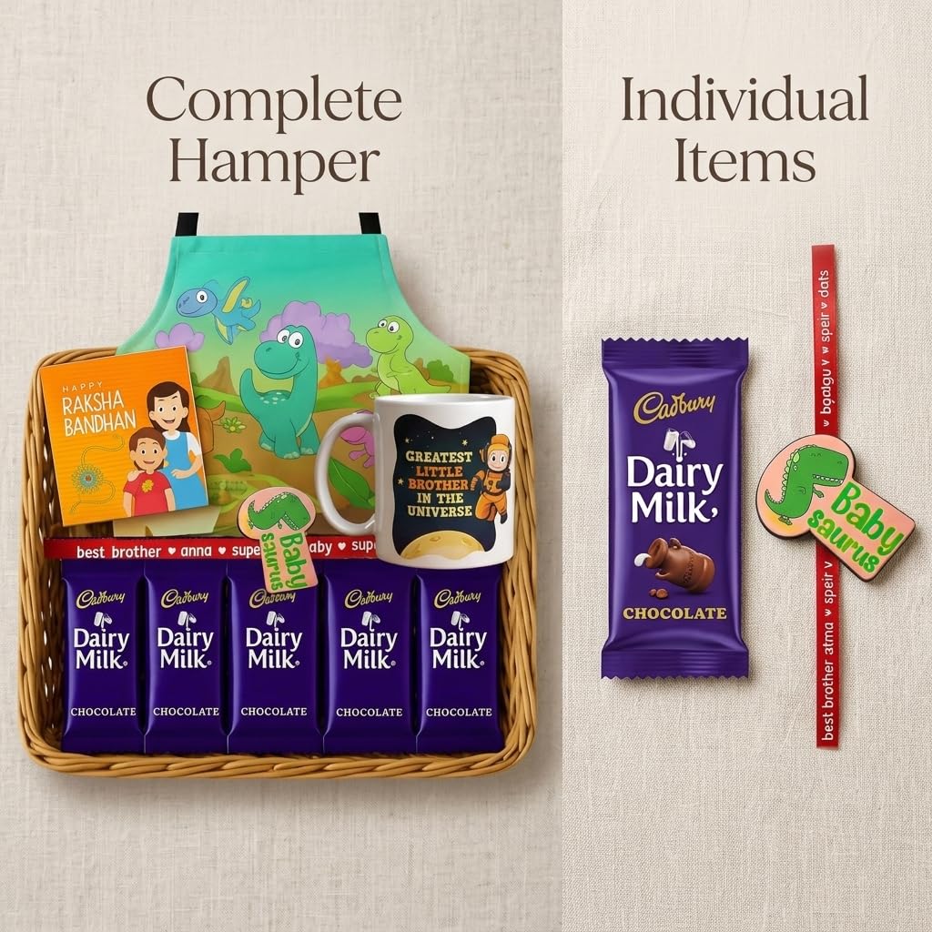 TheYayaCafe Baby Saurus Kids Rakhi Gift Hamper with Apron, Mug, Rakhi and 5 Chocolates, Raksha Bandhan Gift for Kid Brother, Toddler, Baby Boy from Sister