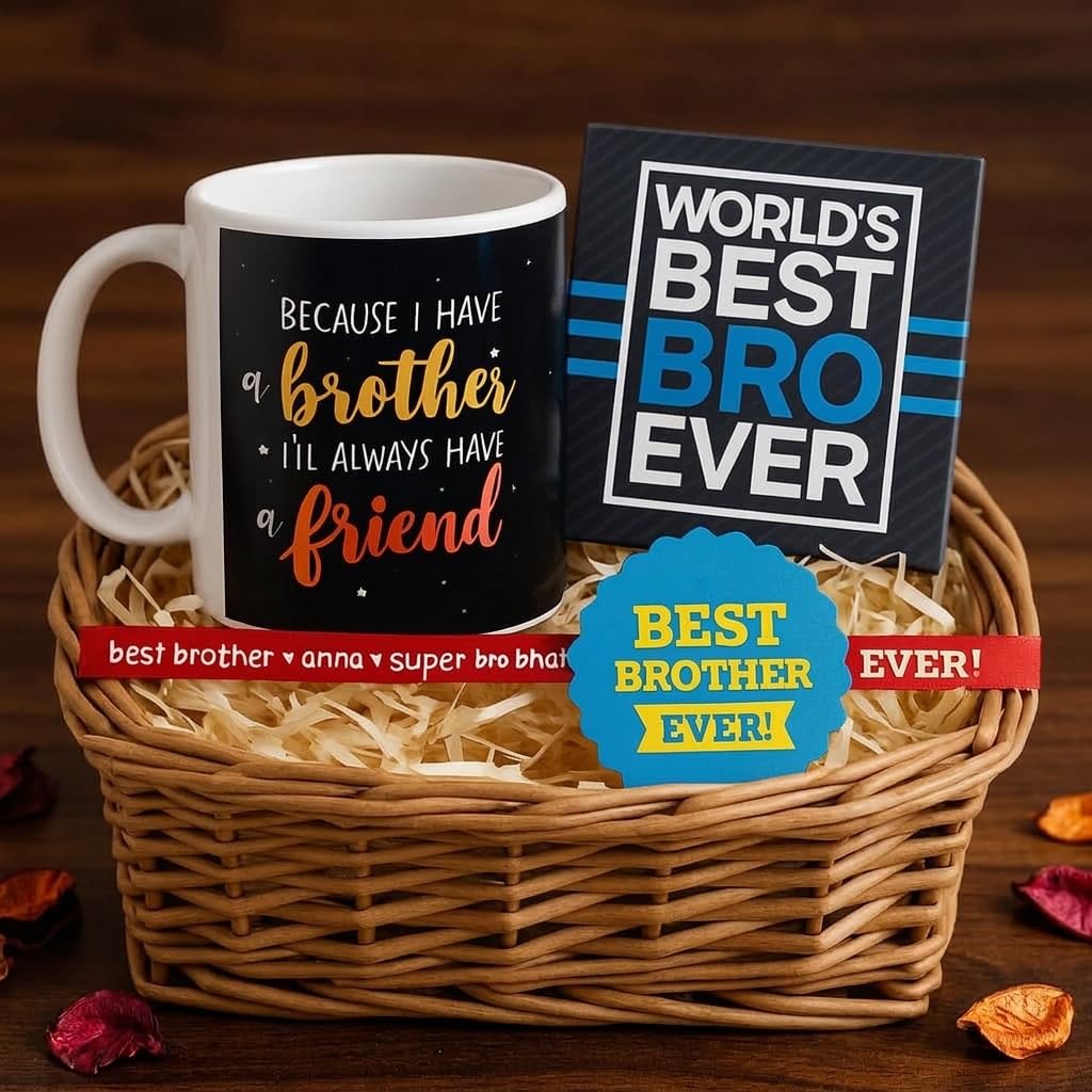 TheYayaCafe Rakhi Gift Combo for Brother Because I Have a Brother I Will Always Have a Friend, Set of 3 Ceramic Mug, Coaster and Rakhi for Raksha Bandhan, Bhai Dooj.