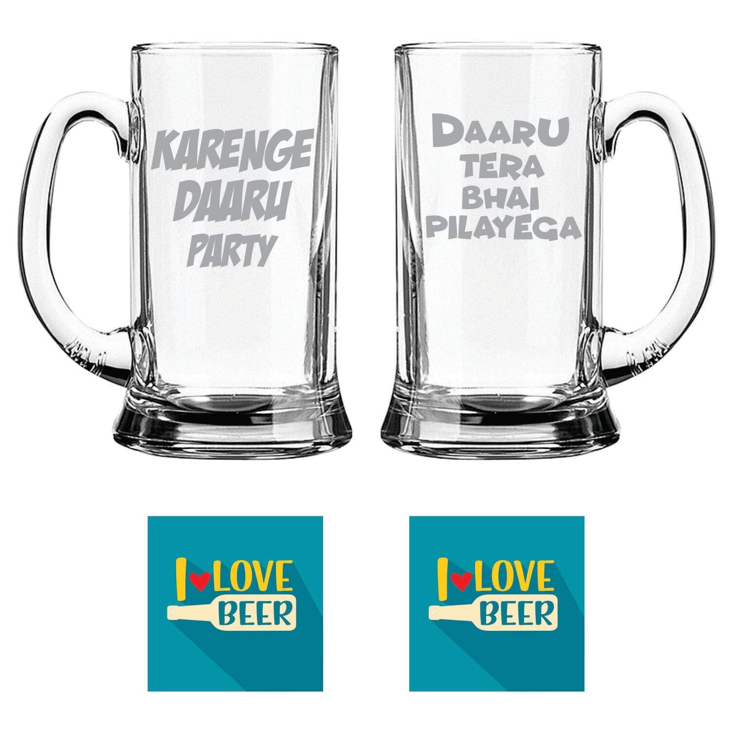 Karenge Daaru Party Daaru Tera Bhai Pilayega Hindi Engraved Beer Mugs Set