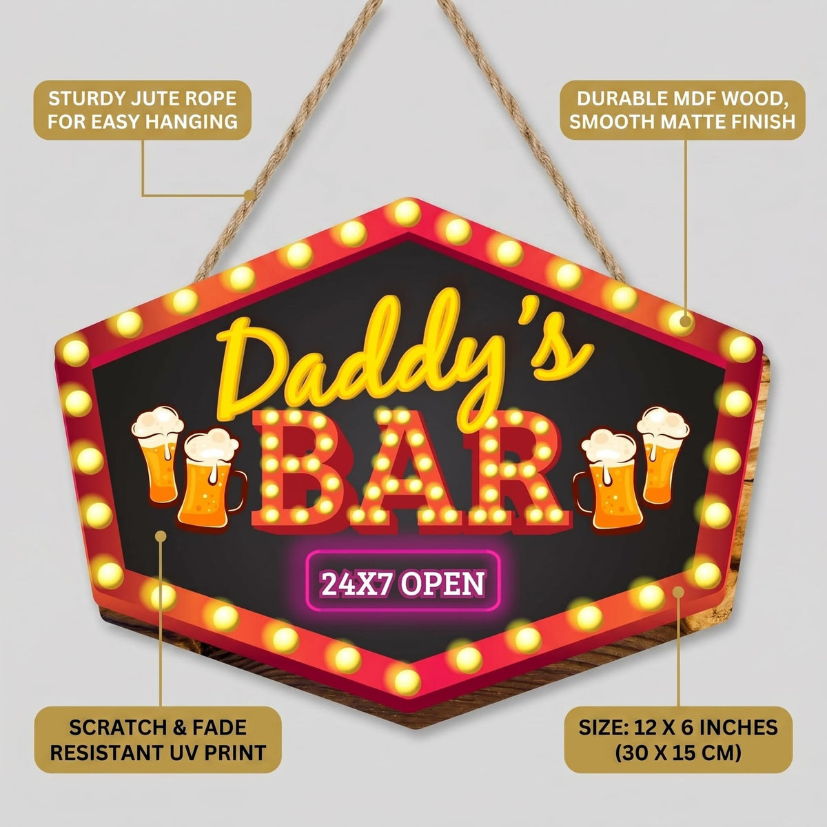 Daddy's Bar Open 24x7 Wall Door Hanging Decor