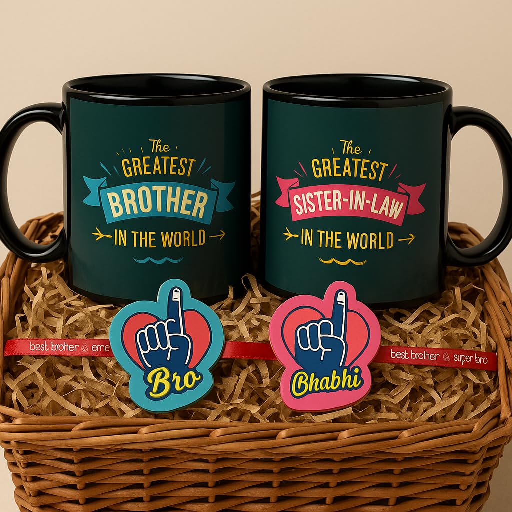TheYayaCafe Rakhi Gifts for Bhaiya Bhabhi Combo Set of 4 with 2 Printed Ceramic Coffee Mugs (330 ml Each) and 2 Designer Rakhis, Raksha Bandhan Hamper for Brother and Sister in Law from Sister