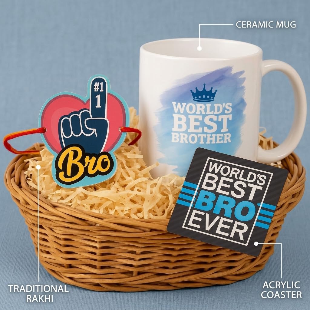 TheYayaCafe Rakhi Gift Combo for Brother, Set of 3 with Ceramic Mug, Acrylic Coaster and Rakhi, 330 ml, Raksha Bandhan, Bhai Dooj, Birthday Gift for Bhai, Brother, Bhaijaan
