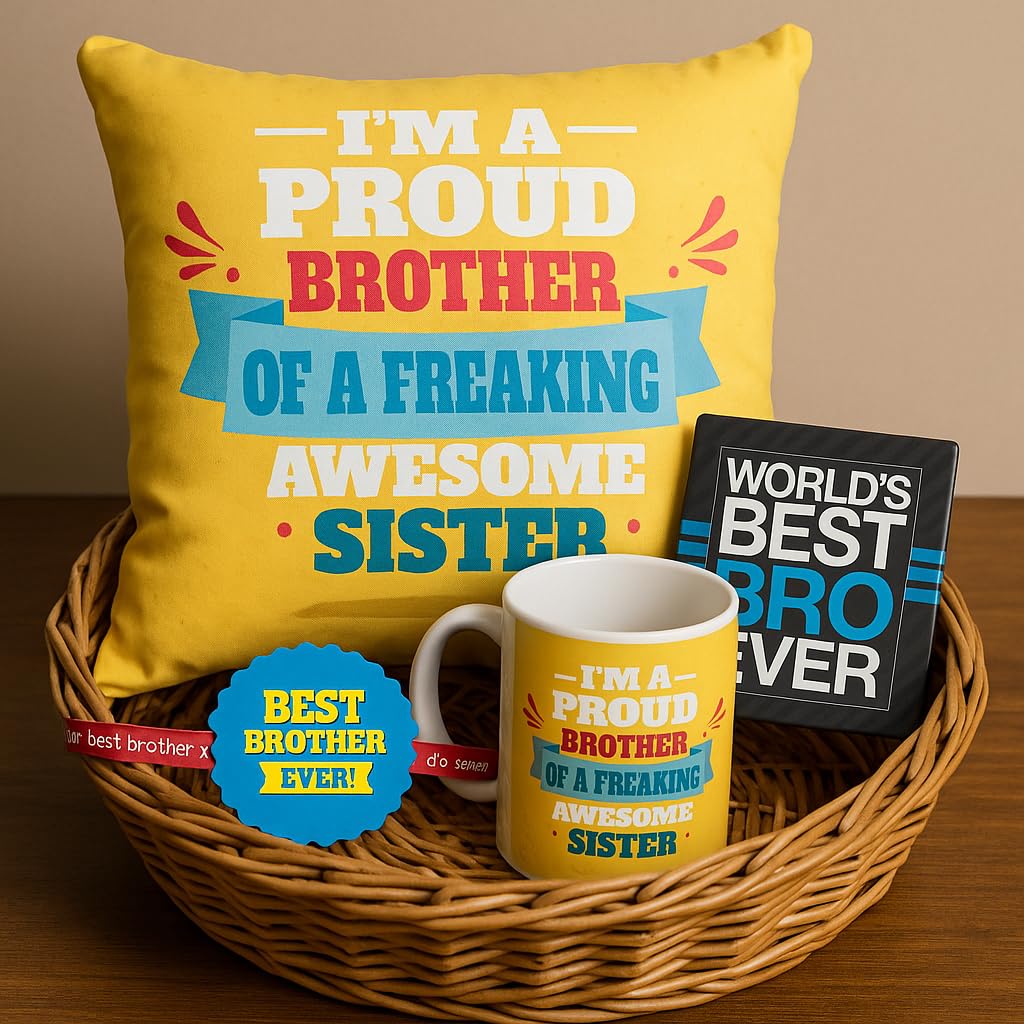 Rakhi Gift Combo for Brother - Proud Brother Mug, Coaster, Cushion & Rakhi