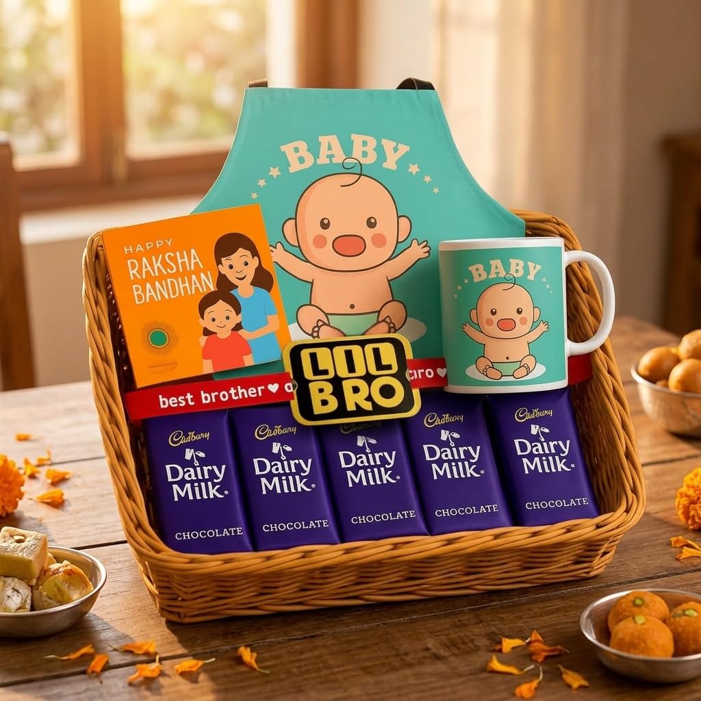 TheYayaCafe Lil Bro Kids Rakhi Gift Hamper with Apron, Ceramic Mug, 5 Chocolates and Roli Chawal, Raksha Bandhan Gift for Baby Brother, Toddler and Kid Brother