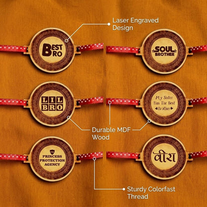 TheYaYaCafe Wooden Rakhi for Brother Set of 6 Engraved MDF Rakhi with Quote, Raksha Bandhan Gift for Bhai, Brother, Bhaiya from Sister