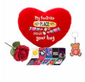 Valentine Heart Cushion Hamper - Teddy Keychain, Rose & Card