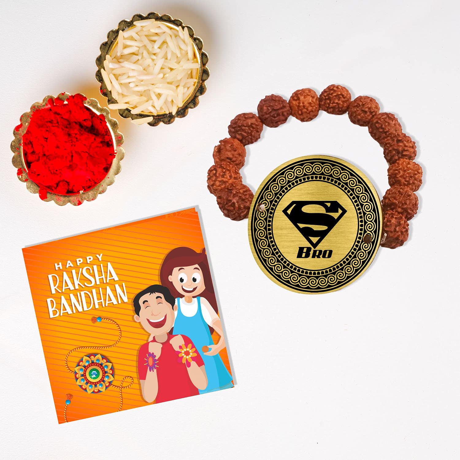 TheYayaCafe Men's Rudraksha Bracelet Rakhi Super Bro Engraved Golden Dial 1.5 Inch, Raksha Bandhan Bhai Dooj Gift for Brother Bhai from Sister, Rakhi for Big Young Brothers