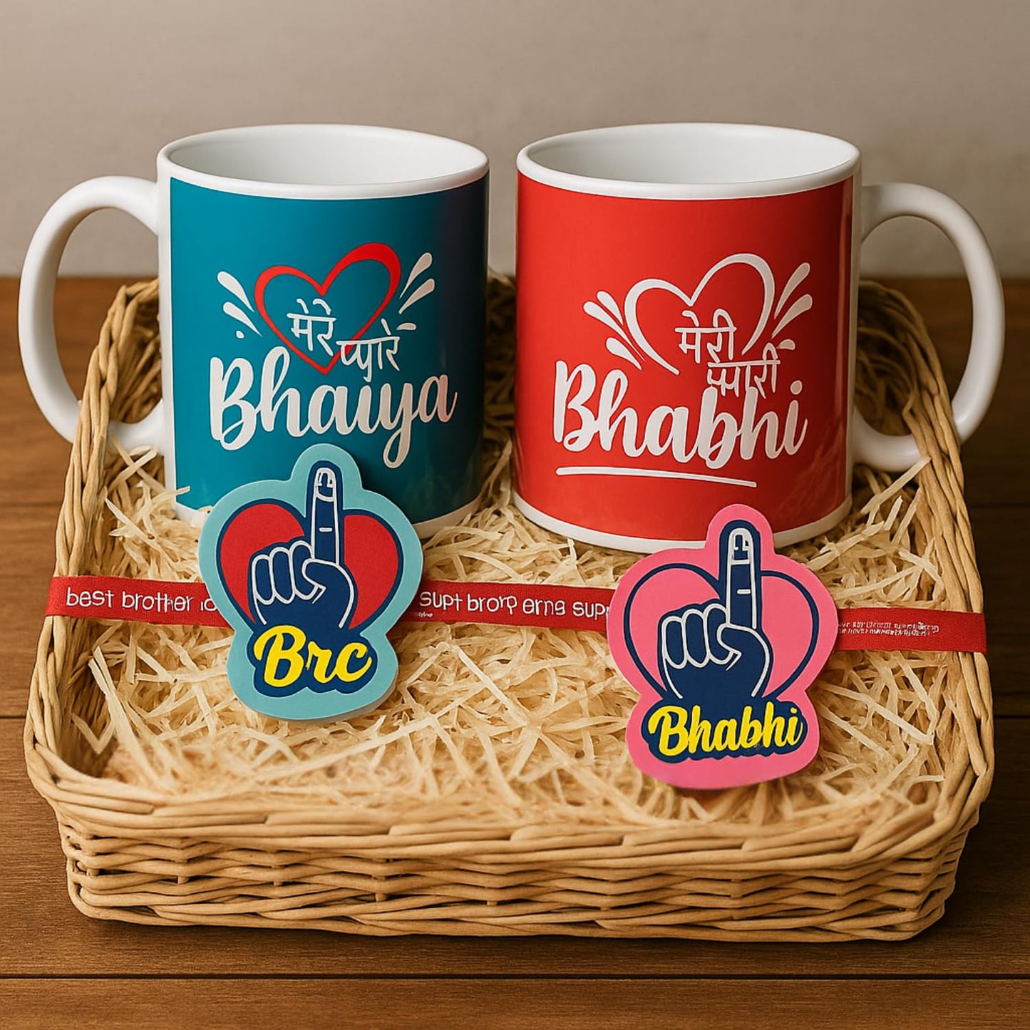 TheYayaCafe Rakhi Gift Combo for Bhaiya Bhabhi with 2 Printed Ceramic Coffee Mugs (330ml) and 2 Designer Rakhis, Raksha Bandhan Hamper for Brother and Sister-in-Law, Rakhi Set for Married Couple