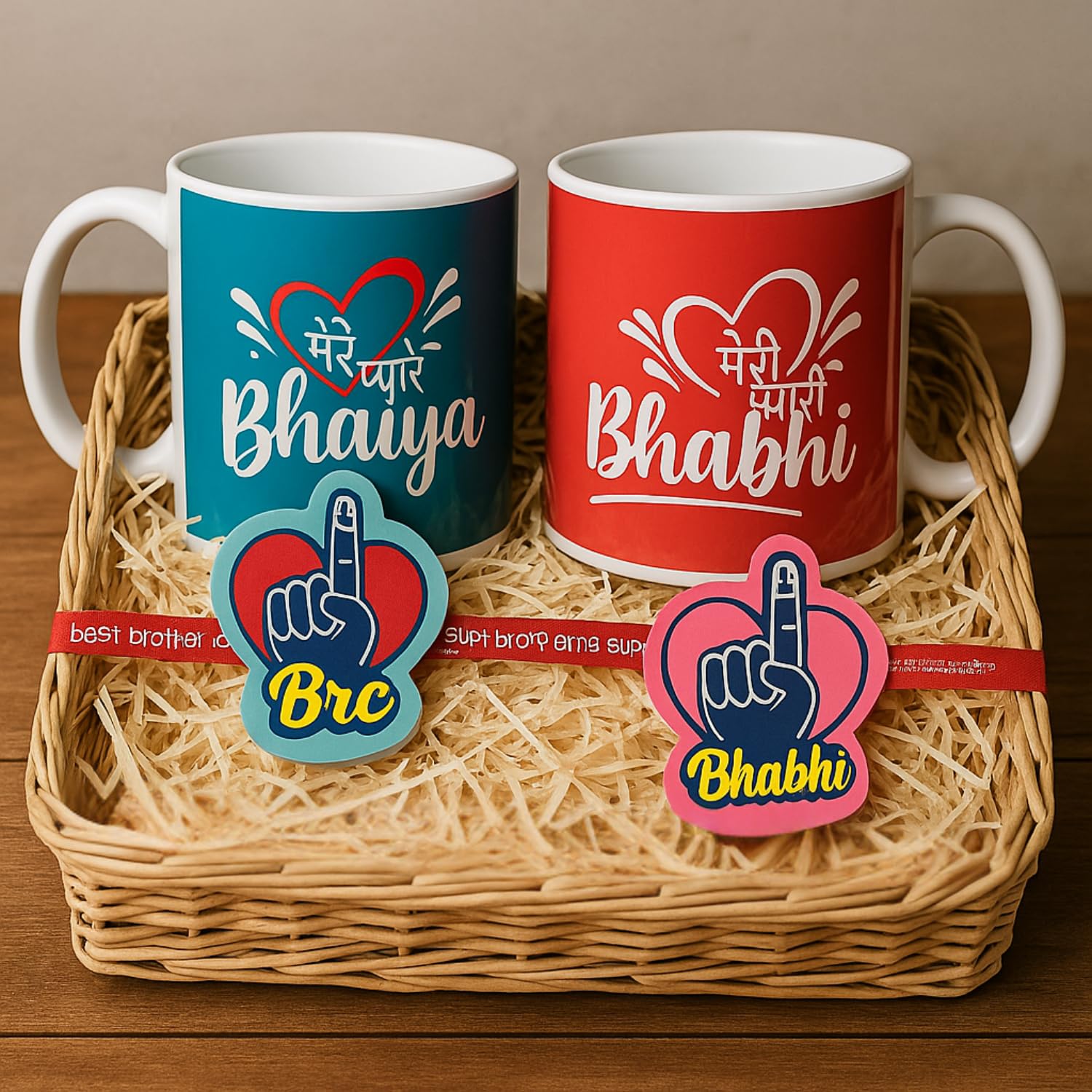TheYayaCafe Rakhi Gift Combo for Bhaiya Bhabhi with 2 Printed Ceramic Coffee Mugs (330ml) and 2 Designer Rakhis, Raksha Bandhan Hamper for Brother and Sister-in-Law, Rakhi Set for Married Couple