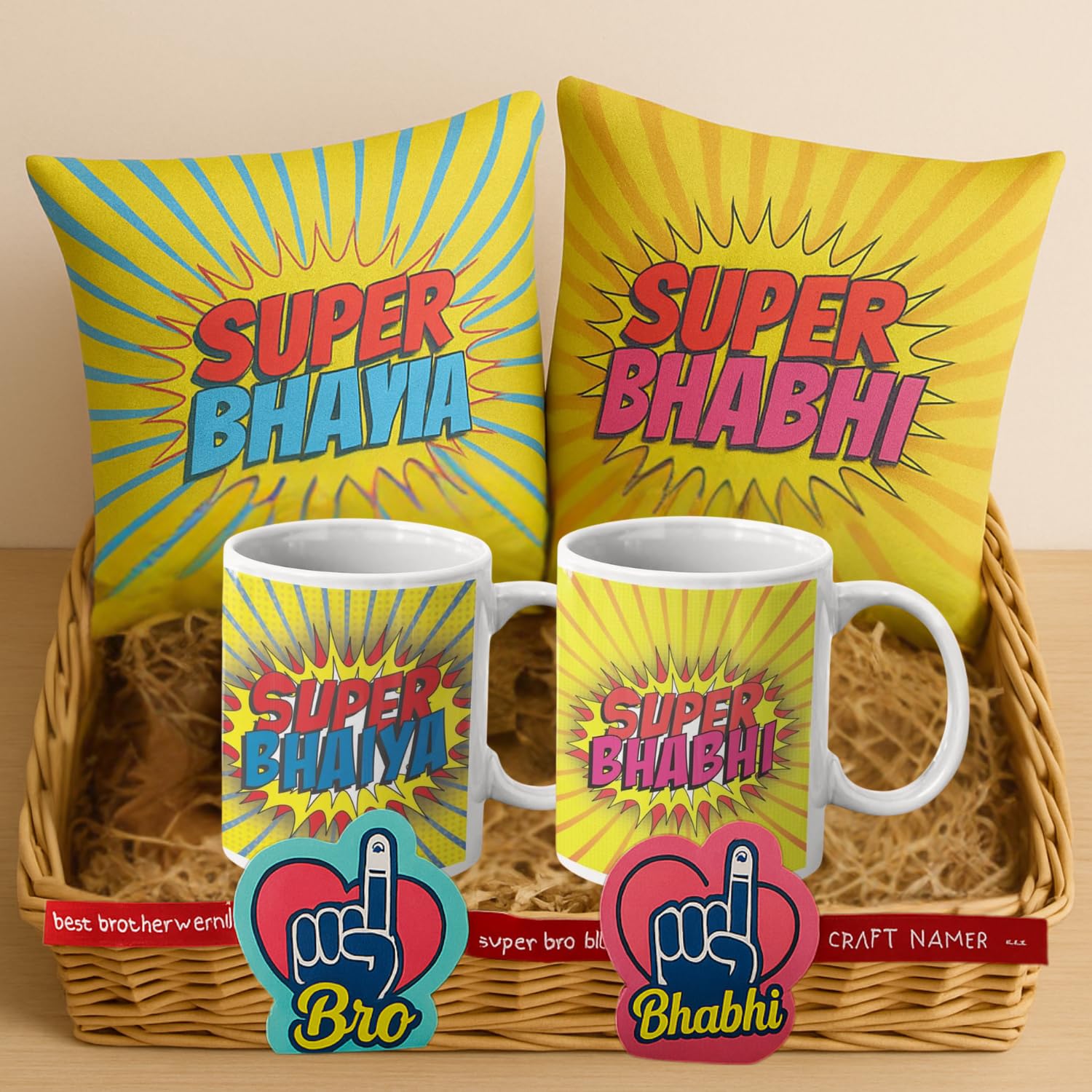 TheYaYaCafe® Rakhi Gifts for Brother and Bhabhi | Super Bhaiya Bhabhi Gift Combo | Set of 6-2 Rakhis, 2 Coffee Mugs & 2 Cushion Covers | Rakhi Hamper for Bhaiya Bhabhi