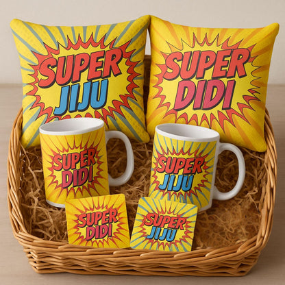 TheYaYaCafe® Rakhi Gift for Didi Jiju | Super Didi Jiju Combo | Set of 6 with 2 Coffee Mugs, 2 Cushion Covers & 2 Coasters | Rakhi Gift Hamper for Sister and Brother-in-Law