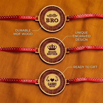 Moustache, Awesome & Gabru Brother Engraved Rakhi, Set of 3