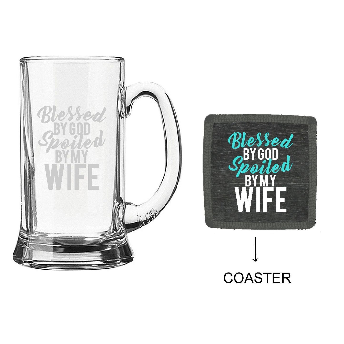Blessed-By-God-Spoiled-By-My-Wife-Beer-Mug-With-Coaster